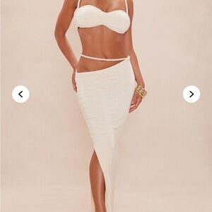 NEW Cream Ruched Asymmetrical Maxi Skirt with Side Slit